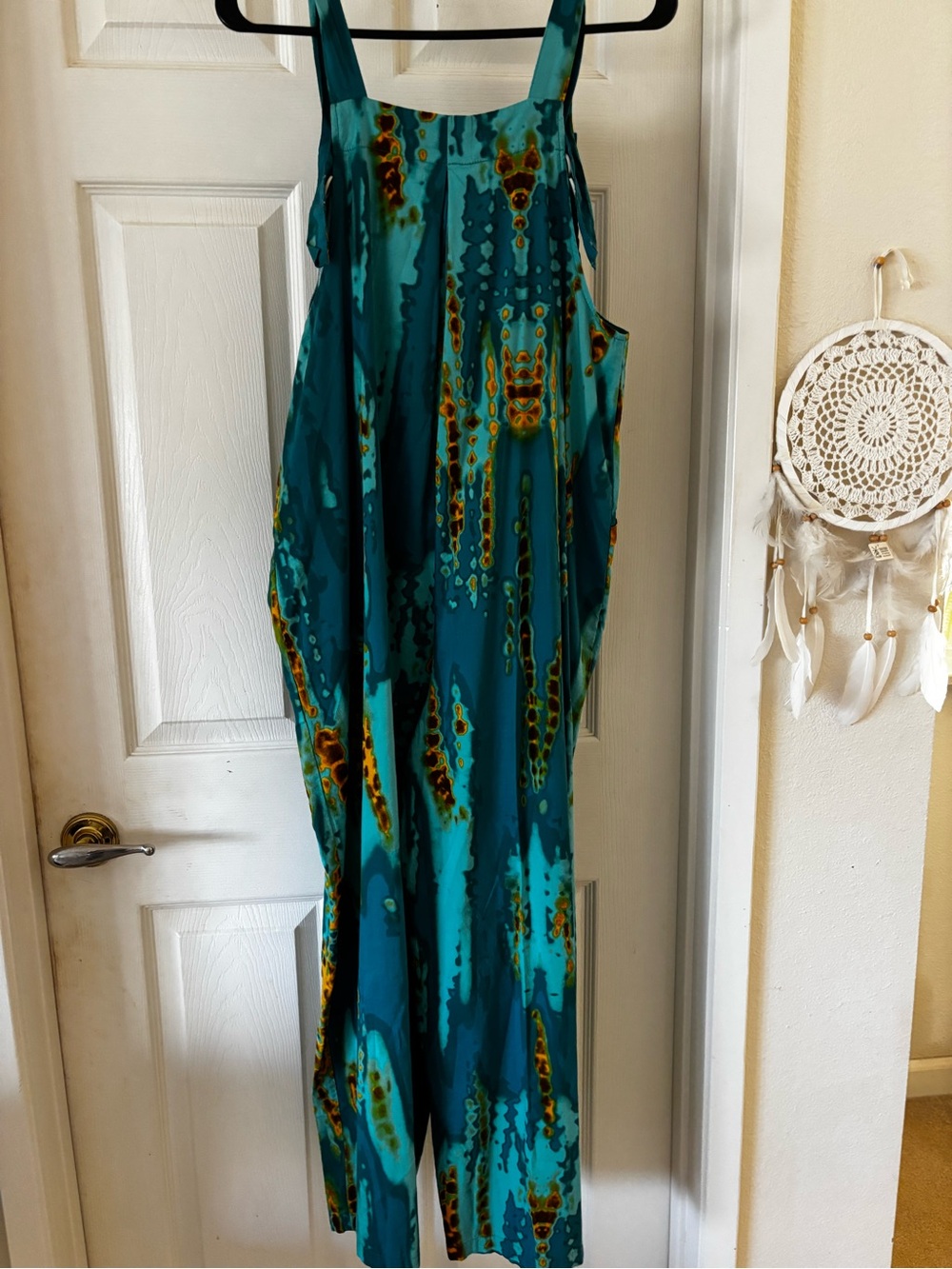 Womens Teal Patterned Jumpsuit with Adjustable Straps. Sz. Med. - Picture 2 of 10
